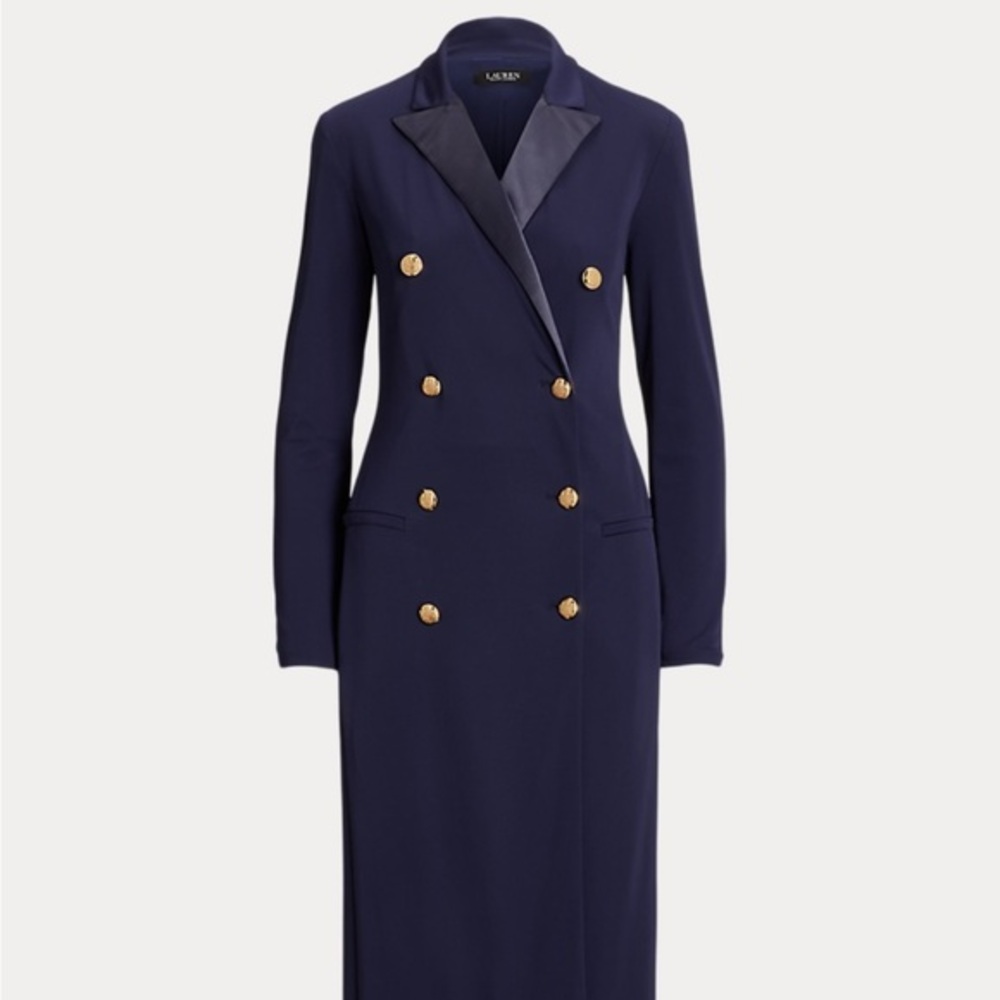 Lauren Ralph Lauren Black Label Blue Gold Stretch Jersey Tuxedo Gown Size 4
